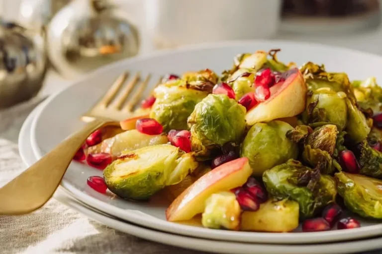 Oven roasted brussels sprouts topped with apples, pecans, and pomegranate seeds.