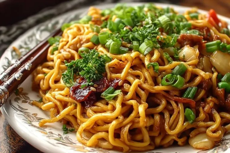 Plate of imitation Panda Express Chow Mein topped with green onions