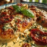 Delicious Parmesan Cream Chicken served with sun-dried tomatoes