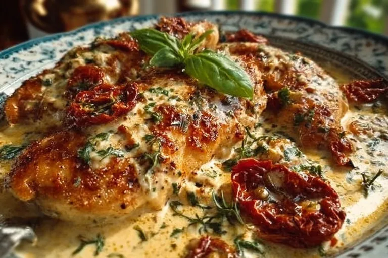 Delicious Parmesan Cream Chicken served with sun-dried tomatoes