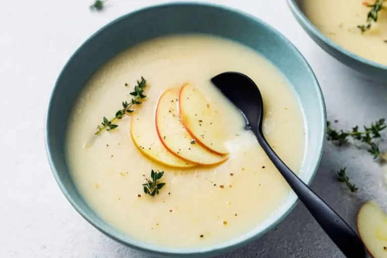Creamy parsnip soup in a bowl topped with fresh herbs