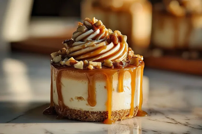 Delicious Peanut Butter Caramel Mini Cheesecakes served on a plate.