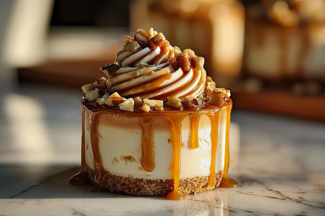 Delicious Peanut Butter Caramel Mini Cheesecakes served on a plate.