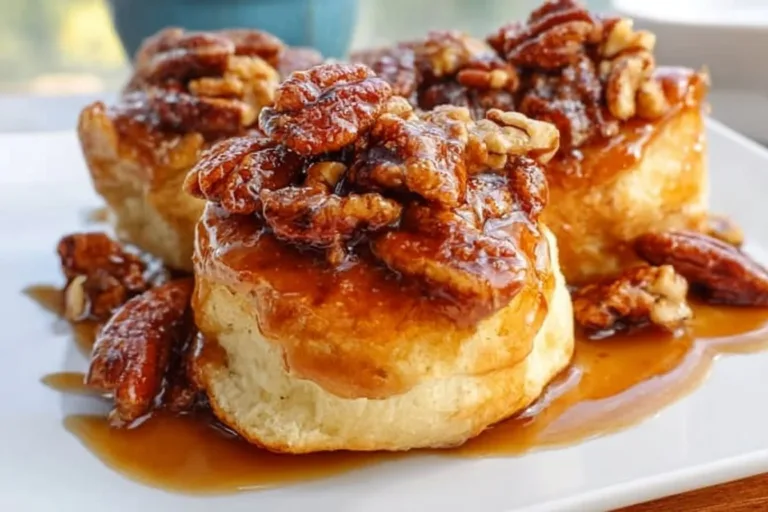 Delicious Pecan Sticky Buns with caramel and pecans topping