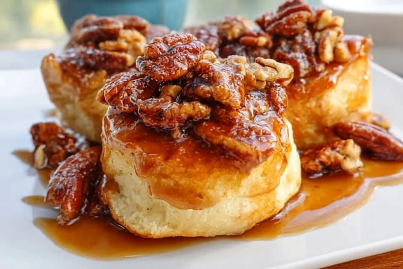 Delicious Pecan Sticky Buns with caramel and pecans topping