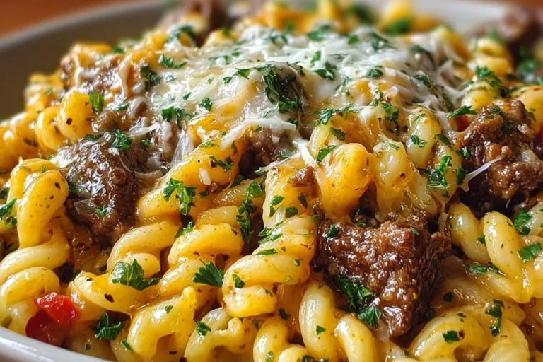 Plate of Philly Cheesesteak pasta with cheese and peppers