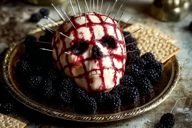 Delicious Pinhead Cheeseball garnished and ready to serve at a party