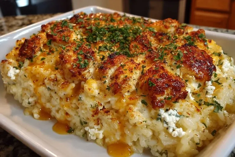 Pioneer Woman chicken rice casserole in a baking dish topped with herbs