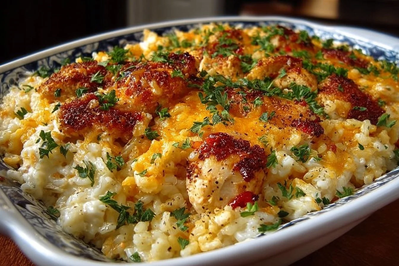 Pioneer Woman Chicken Rice Casserole in a baking dish, plated with a side salad.