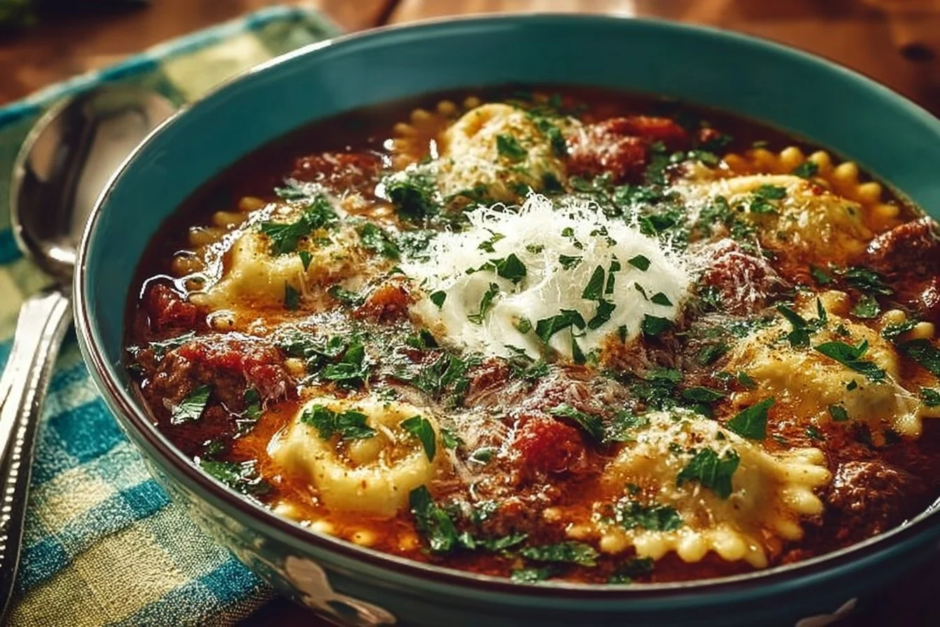 A bowl of Pioneer Woman lasagna soup topped with cheese and herbs