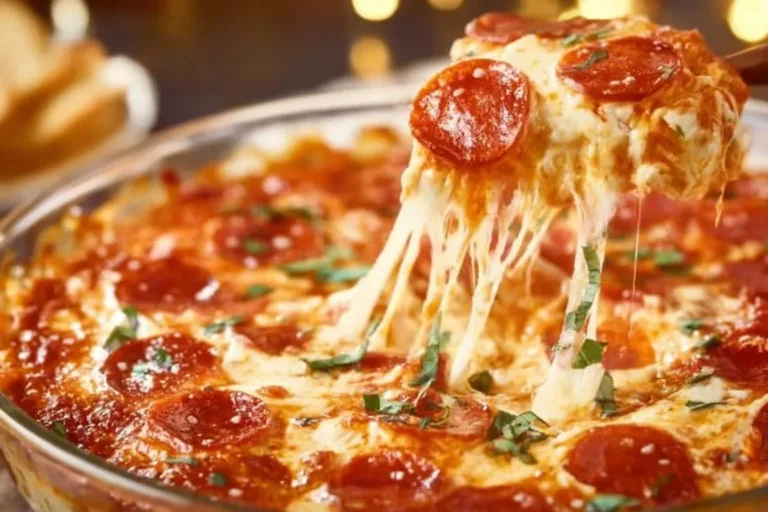Cheesy Pizza Dip served with fresh vegetables and chips