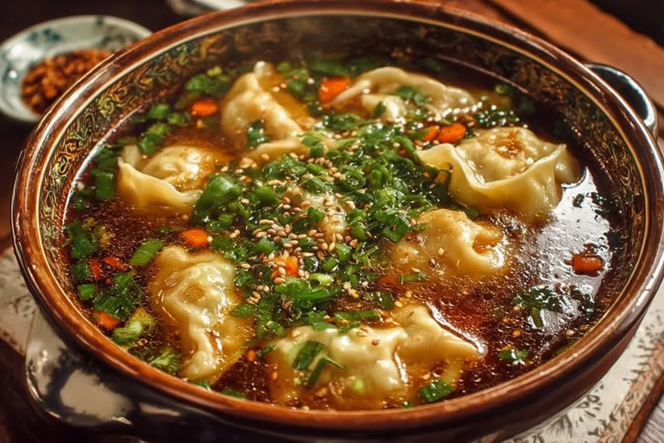 Bowl of savory Potsticker Soup with dumplings and vegetables