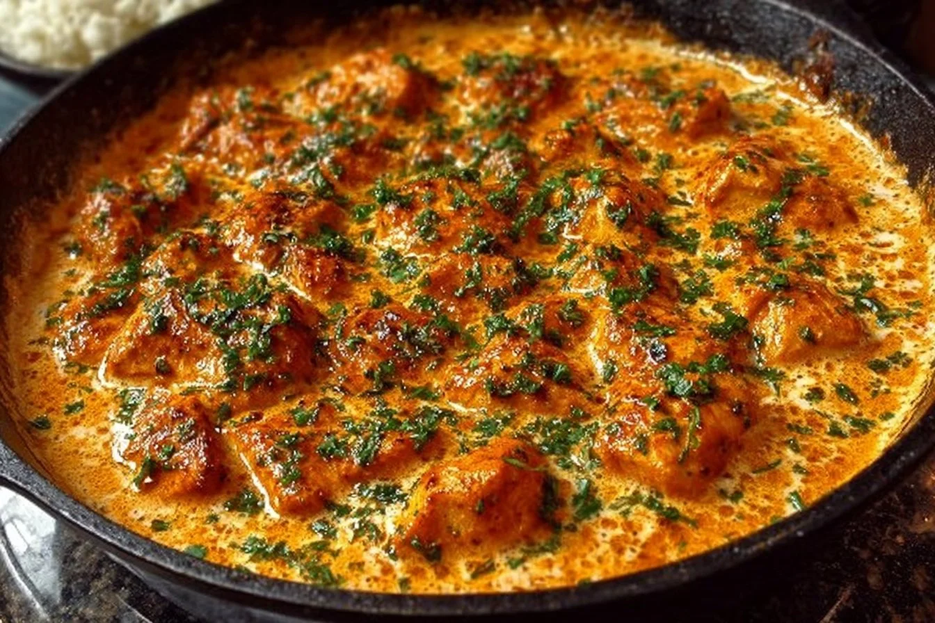 Delicious homemade butter chicken served with rice and naan bread