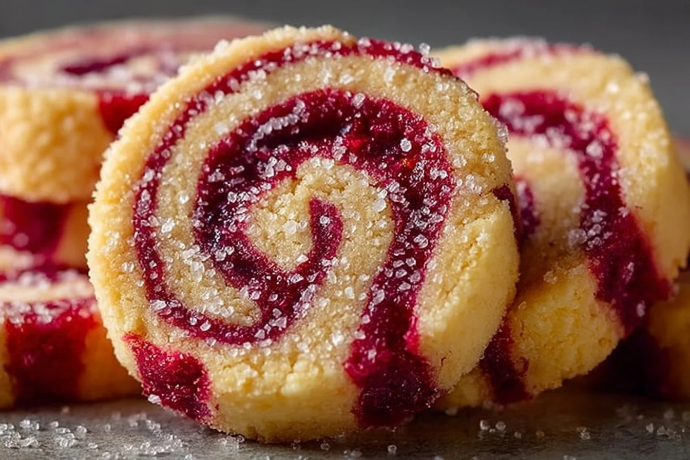 Freshly baked Raspberry Swirl Shortbread Cookies on a plate