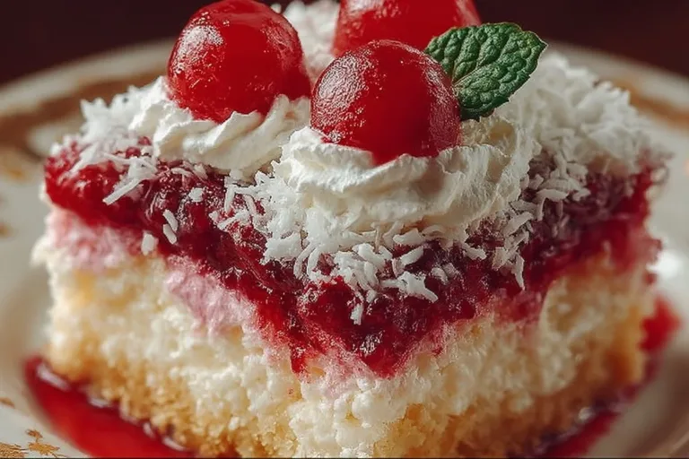 Delicious Raspberry Zinger Poke Cake topped with raspberry icing and whipped cream