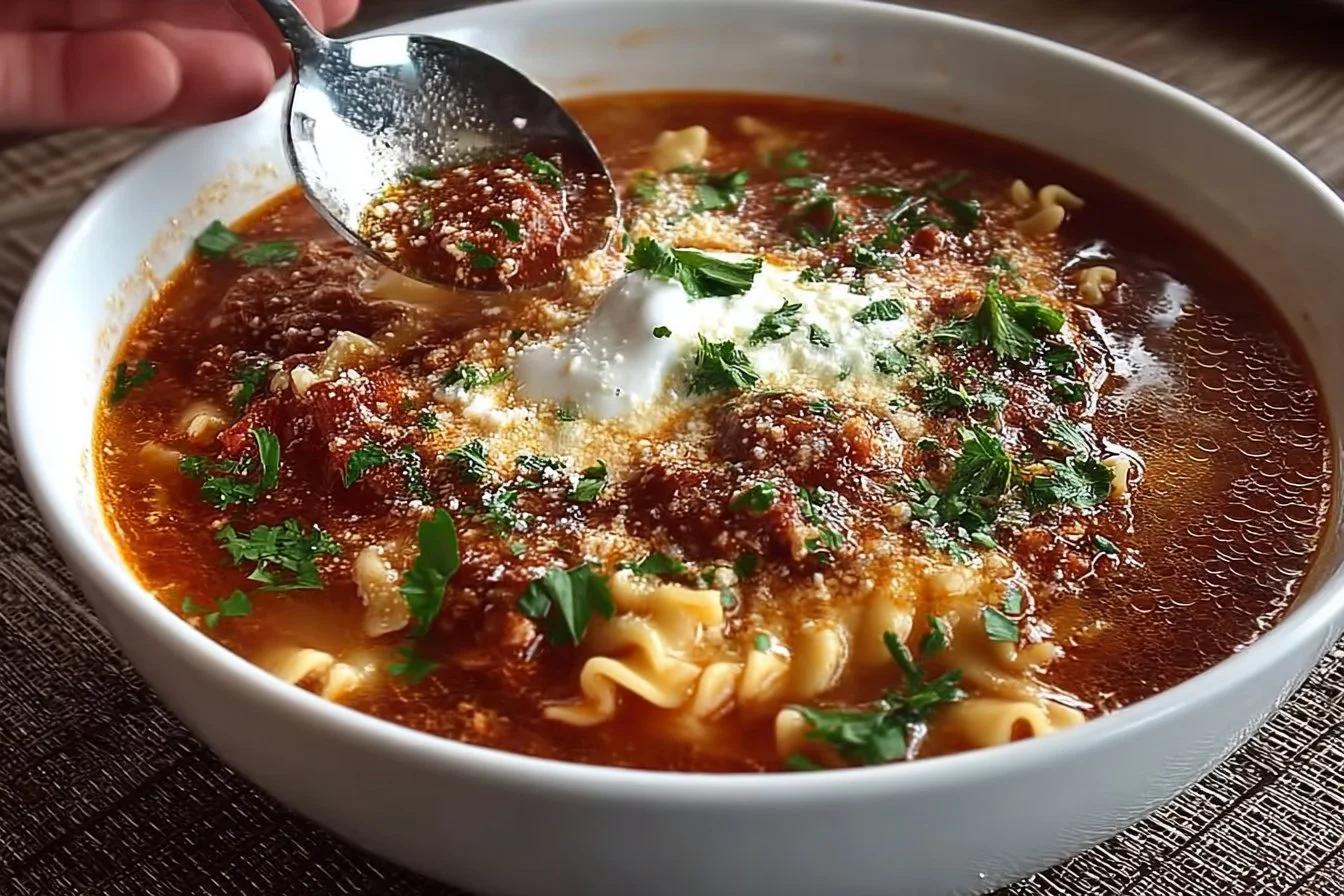 Bowl of homemade Real Lasagna Soup topped with cheese and herbs