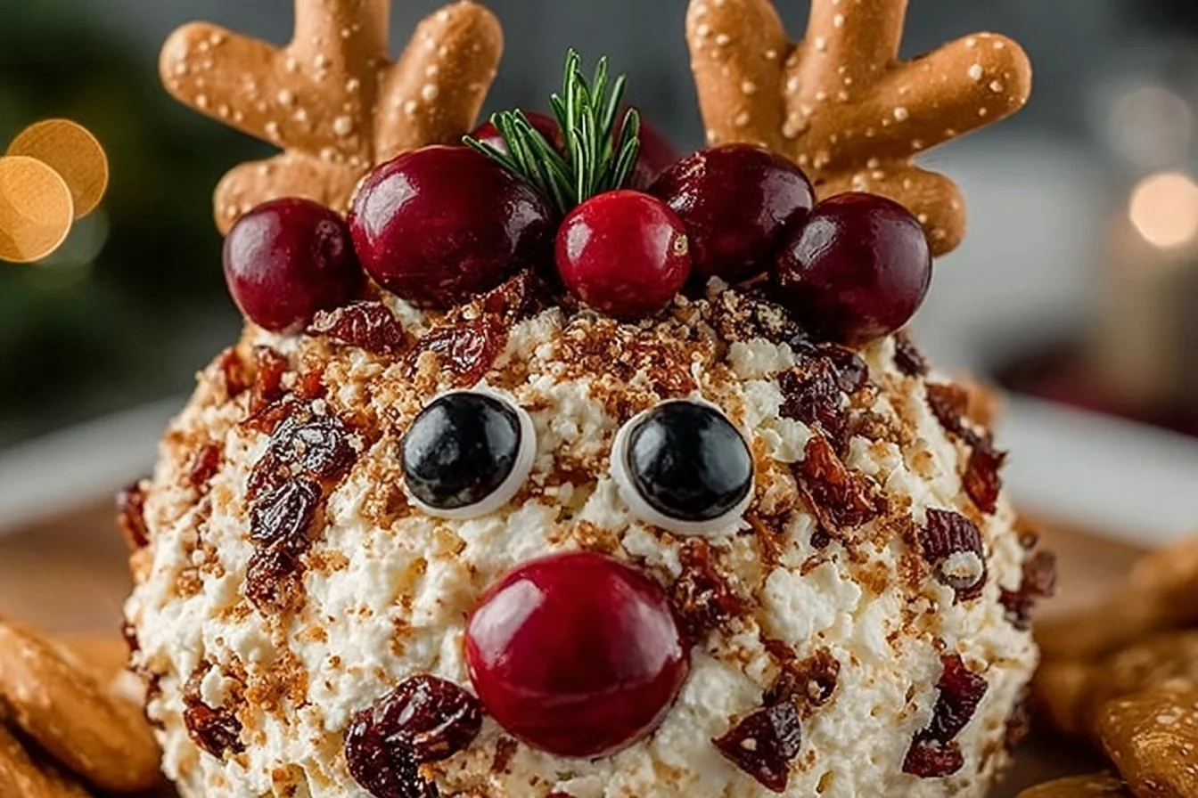 Festive Reindeer Cheese Ball decorated for holiday celebrations.