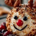 Festively decorated Reindeer Cheese Ball on a serving platter
