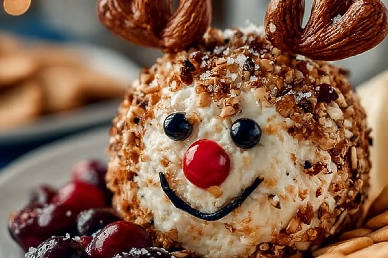 Festively decorated Reindeer Cheese Ball on a serving platter