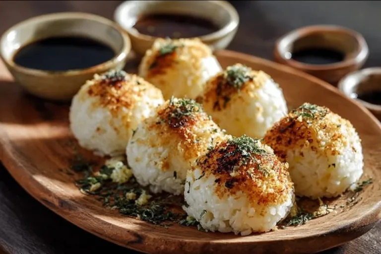 Delicious homemade rice balls garnished and ready to serve