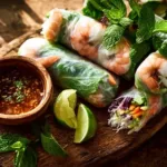 A plate of fresh Rice Paper Rolls filled with vibrant vegetables and herbs.
