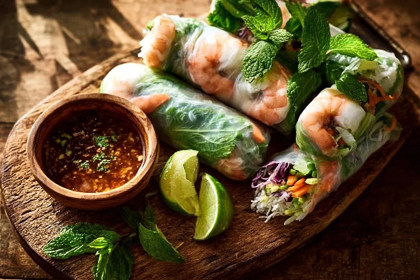 A plate of fresh Rice Paper Rolls filled with vibrant vegetables and herbs.