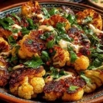 Roasted cauliflower topped with tahini-honey sauce on a plate