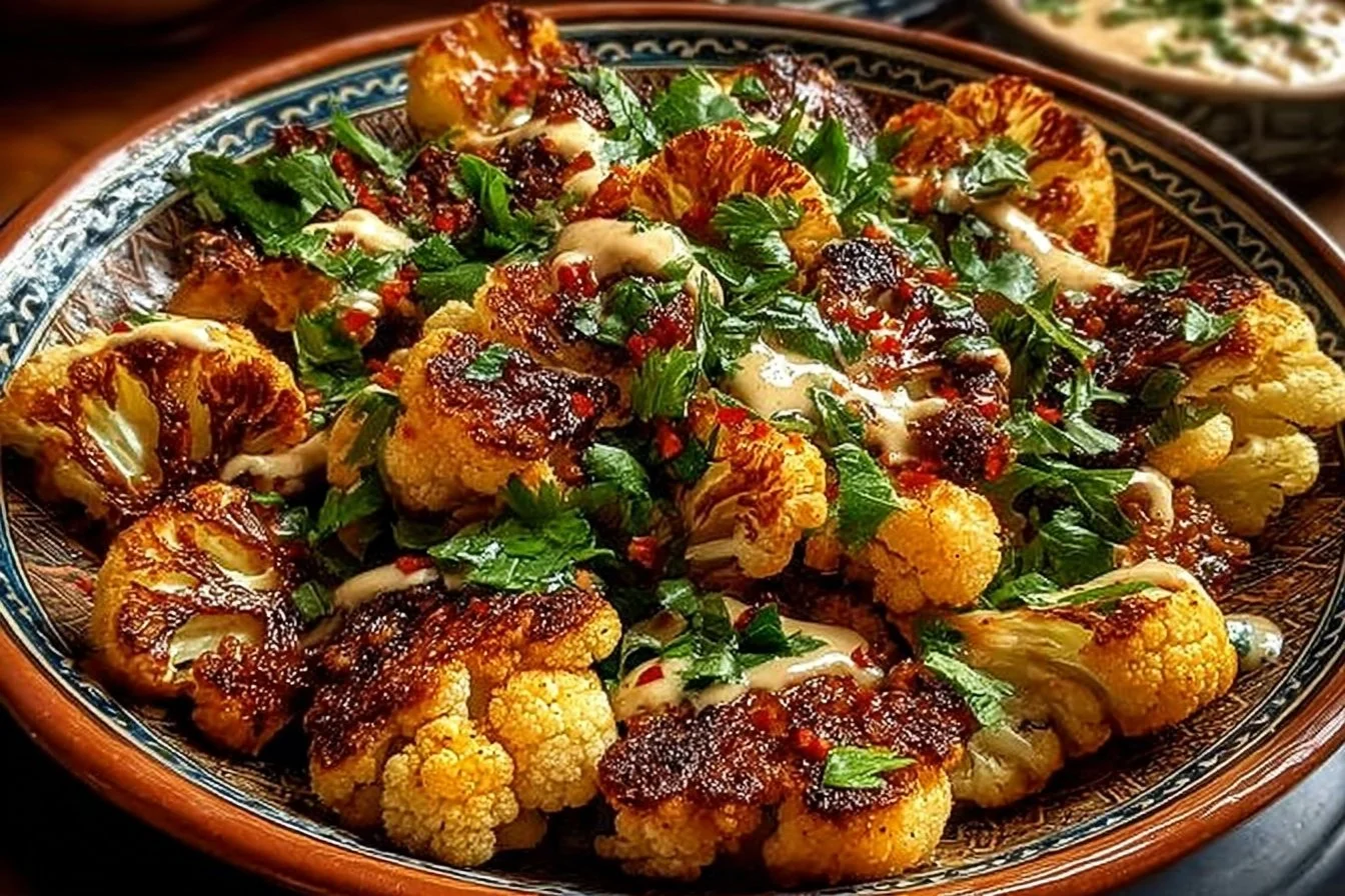 Roasted cauliflower topped with tahini-honey sauce on a plate
