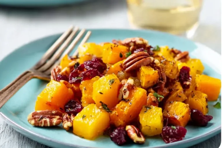 A platter of colorful roasted fall vegetables including squash, carrots, and Brussels sprouts