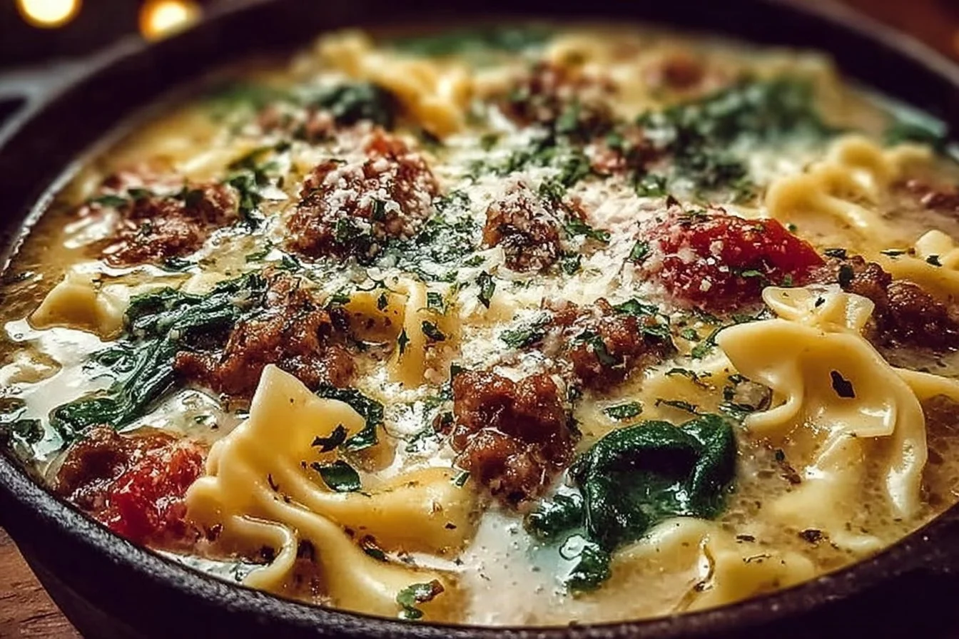 Bowl of Sausage and Spinach Lasagna Soup garnished with cheese and herbs