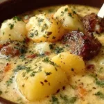A steaming bowl of Sausage Potato Soup garnished with herbs and fresh ingredients.
