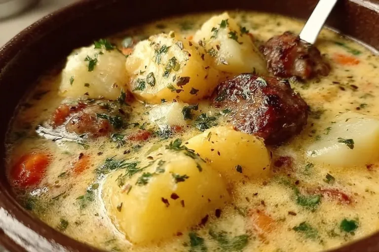 A steaming bowl of Sausage Potato Soup garnished with herbs and fresh ingredients.