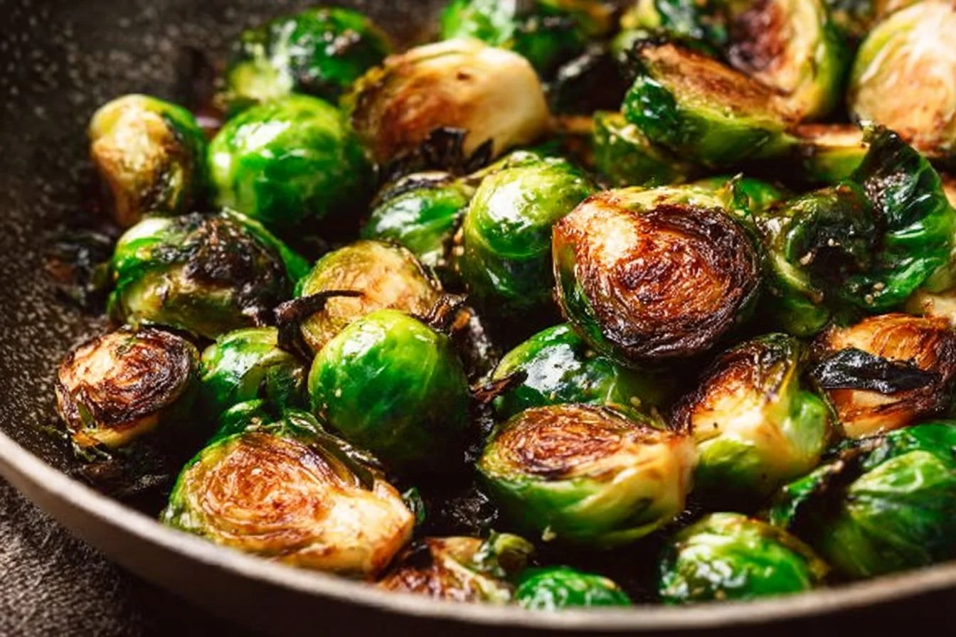 Sautéed Brussels sprouts with molasses in a skillet, showcasing a flavorful side dish
