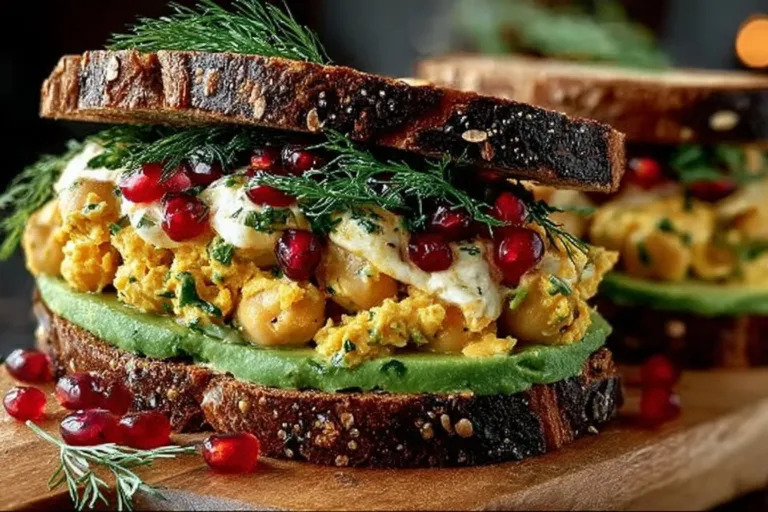 Savory smashed chickpea salad sandwich on whole grain bread