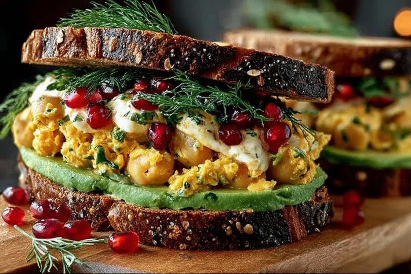 Savory smashed chickpea salad sandwich on whole grain bread