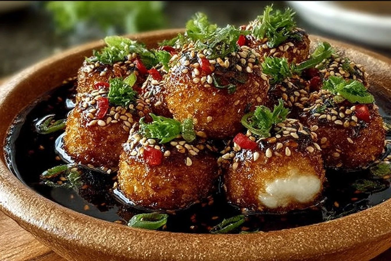Savory soy garlic tofu balls served on a plate with dipping sauce