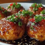 Savory soy garlic tofu balls on a plate garnished with green onions.