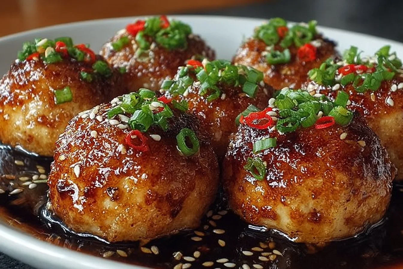 Savory soy garlic tofu balls on a plate garnished with green onions.