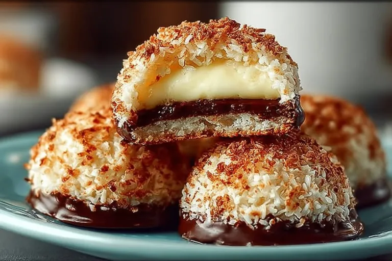 A plate of homemade Scottish Macaroons, chocolate-coated coconut treats.