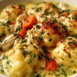 Bowl of simple chicken and dumplings with cream of chicken on a rustic table