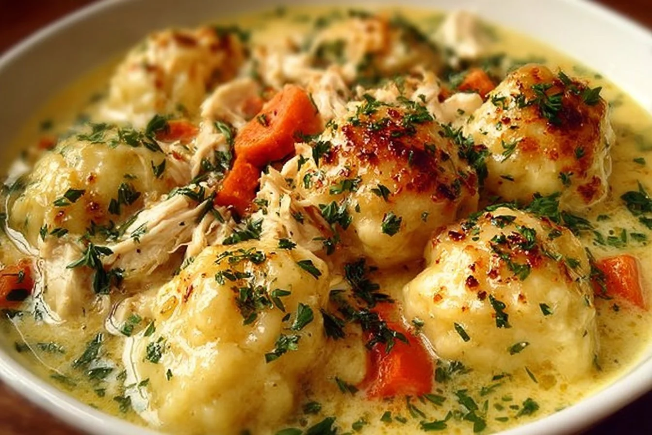 Bowl of simple chicken and dumplings with cream of chicken on a rustic table