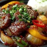 Delicious Chinese pepper steak with onions sizzling in a pan