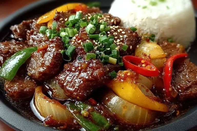 Delicious Chinese pepper steak with onions sizzling in a pan