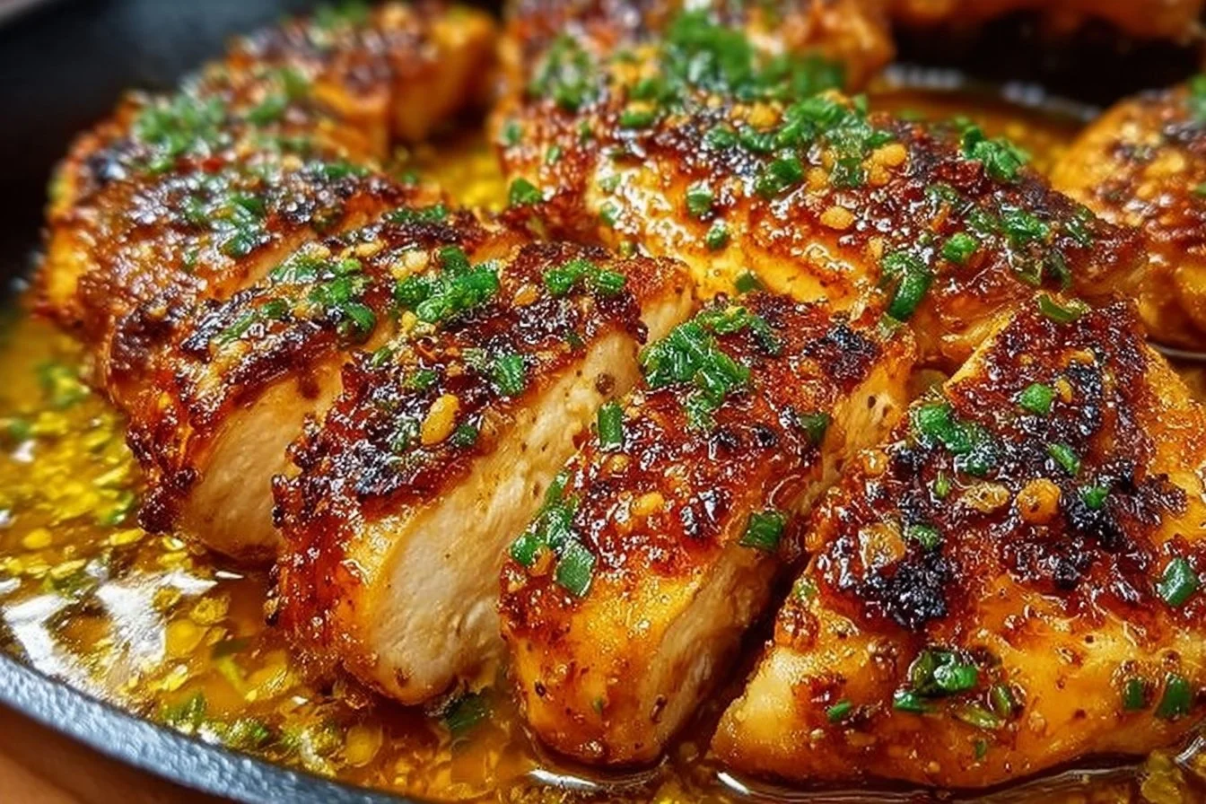 Skillet Garlic Butter Chicken plated with fresh herbs and served with vegetables