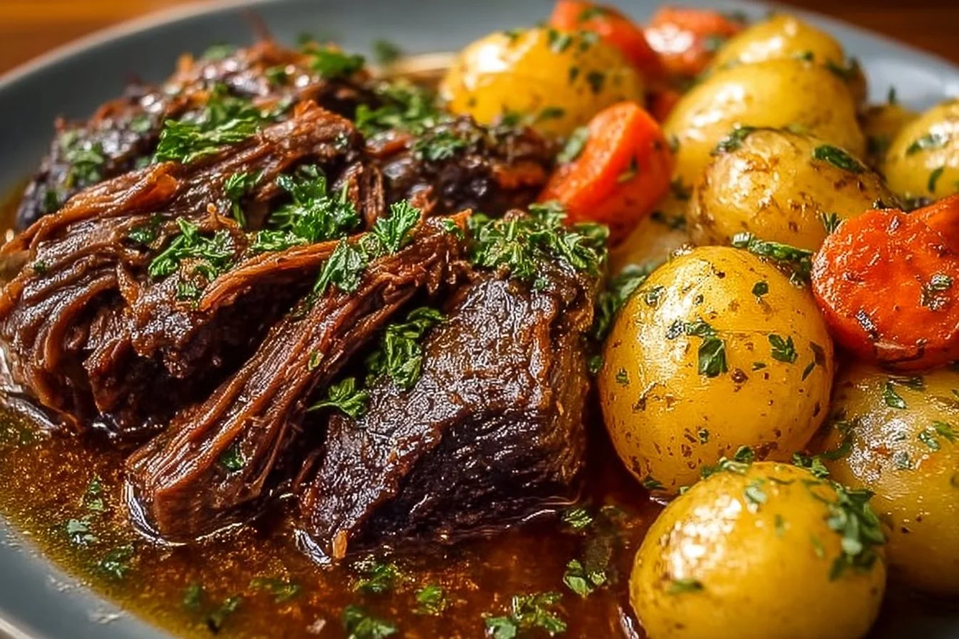 Delicious Slow Cooker Amish Pot Roast served with vegetables in a cozy setting.