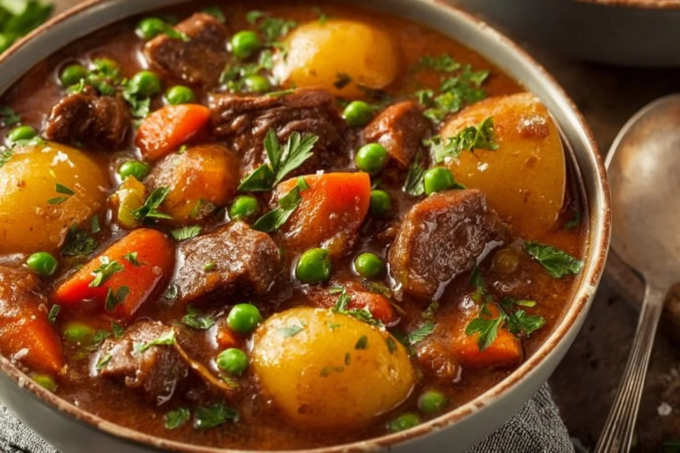 Slow cooker beef stew simmering with vegetables and tender meat