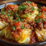 Delicious slow cooker unstuffed cabbage rolls served with fresh herbs.