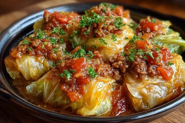 Delicious slow cooker unstuffed cabbage rolls served with fresh herbs.