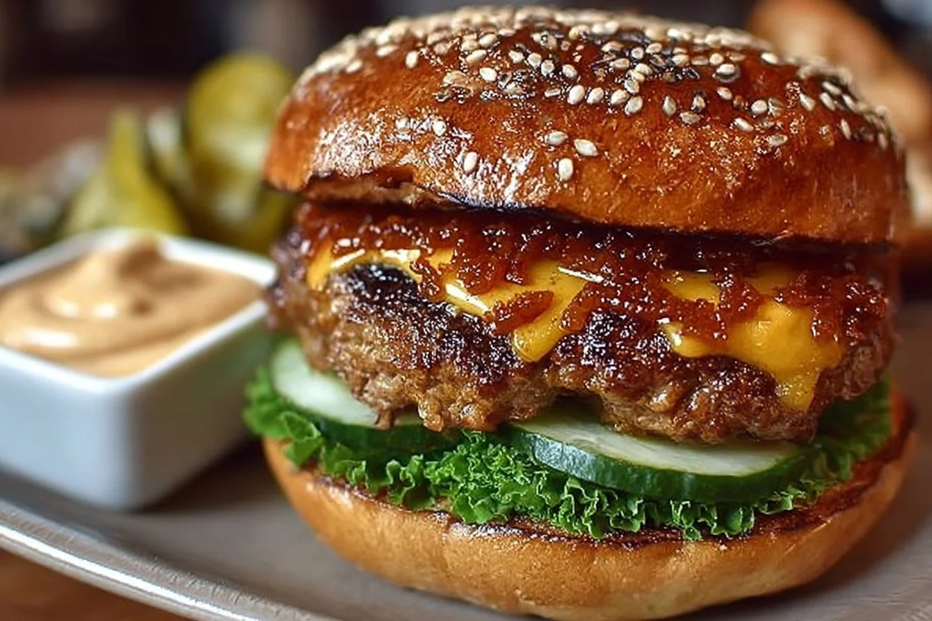 Delicious homemade smash burger with secret sauce and fresh toppings