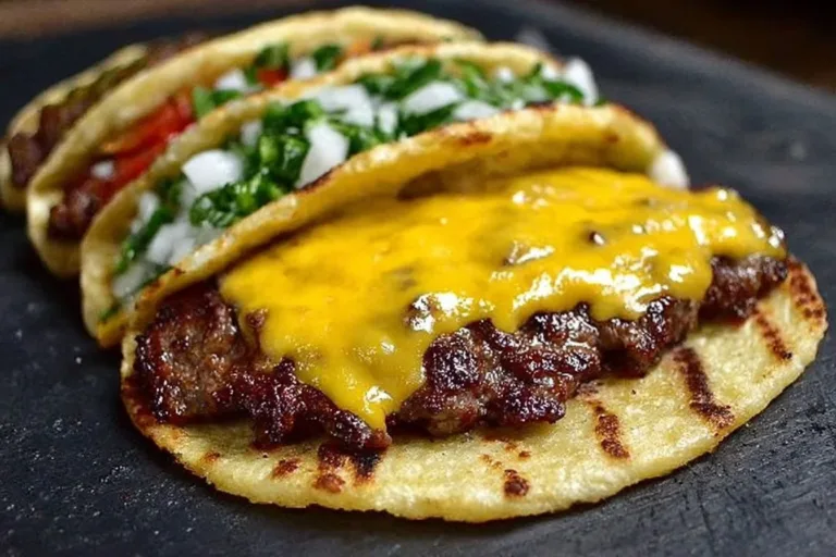 Smash burger tacos served on a plate with toppings and sauces.